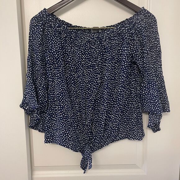 Express Dotted Tie Front Off Shoulder Dark Blue Blouse Polka Dot Top Size M - Picture 4 of 8